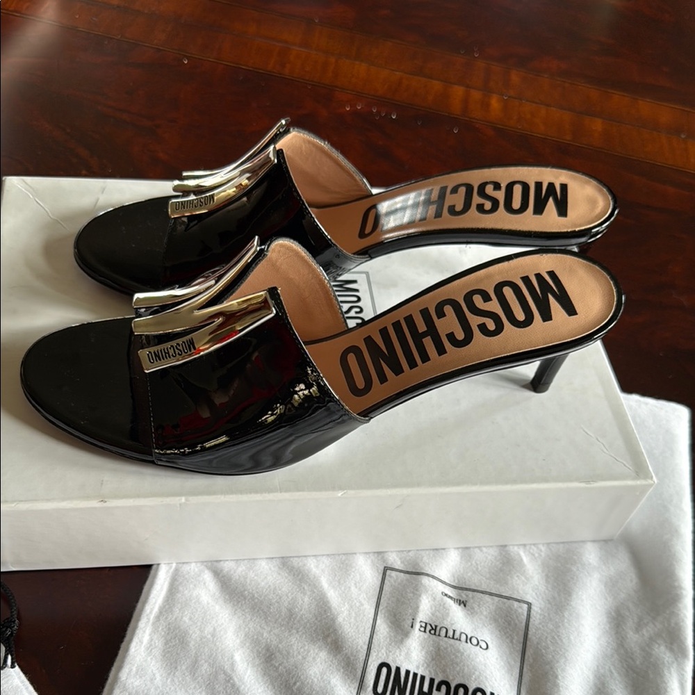 Moschino Black Patent Mules with Silver Accent 9-9.5